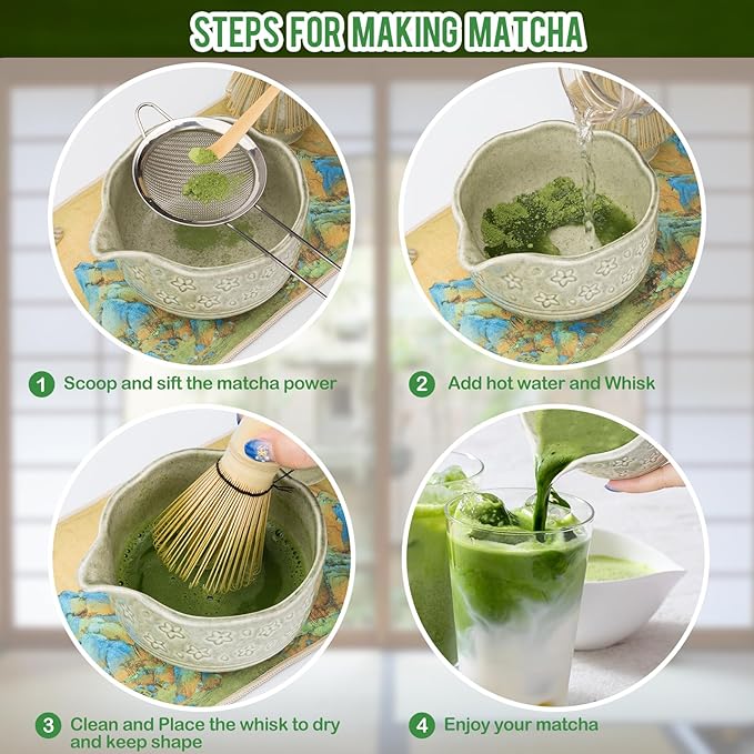 Matcha Whisk Set - 7 PCS Matcha Kit, Matcha Set for Making Breakfast Green Tea Lattes - Matcha Bowl with Spout, Matcha Whisk Holder - Gift for Tea Beginner, Friend, Daughter, Family