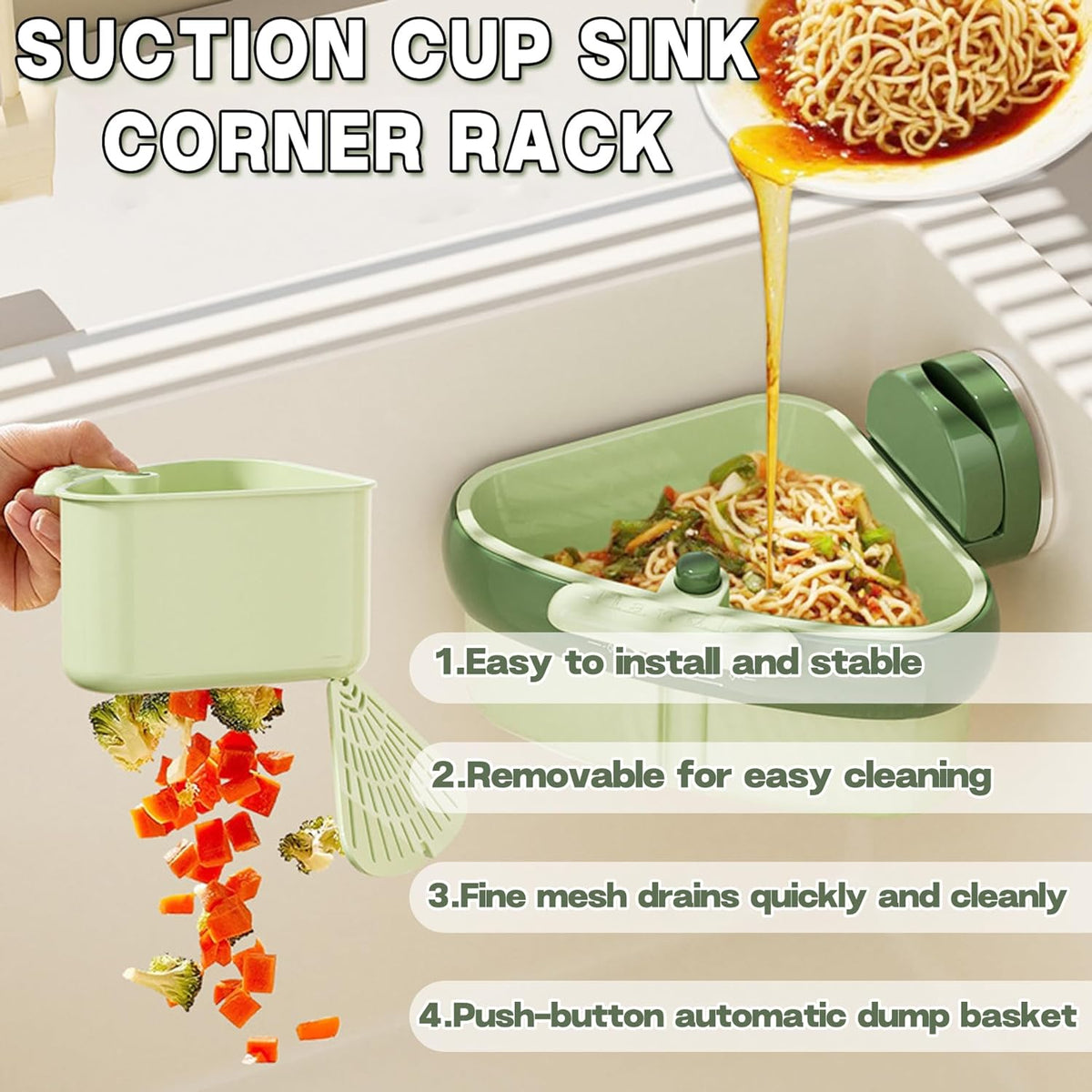 Suction Cup Sink Corner Rack, Suction Cup Press Sink Drainer Basket, Kitchen Sink Food Catcher, Sinks Trash Food Waste Catcher, Triangle Storage Rack with Drain Hole (Green)