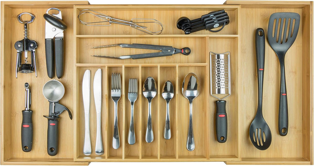 KitchenEdge Premium Silverware, Flatware and Utensil Organizer for Kitchen Drawers, Food-Safe Contract Grade, Expandable from 18 to 33 In, Natural Bamboo