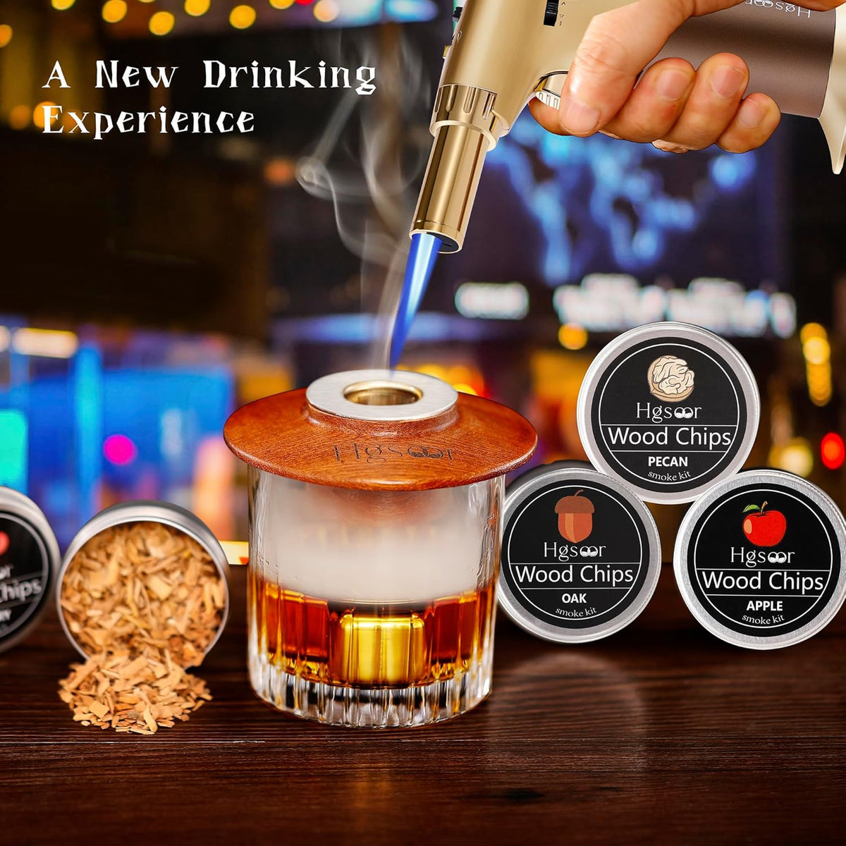Whiskey Smoker Kit - Old Fashioned Drink Smoker Kit - Cocktail Smoker Kit with Torch, 4 Flavors Wood Chips, 4Ice Cubes, Bourbon Smoker Kit, Bourbon Whiskey Gifts for Men,Dad (No Butane)