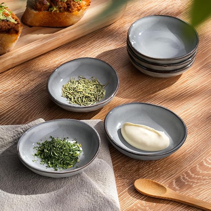 famiware Ocean Soy Sauce Dishes of 6, Oval Dipping Sauce Cups/Bowls/Dishes for Kitchen, 2.1oz Ceramic Small Bowls for Side Dish, Appetizers, Snacks, and Sushi, Reactive Glaze, Dishwasher Safe, Grey