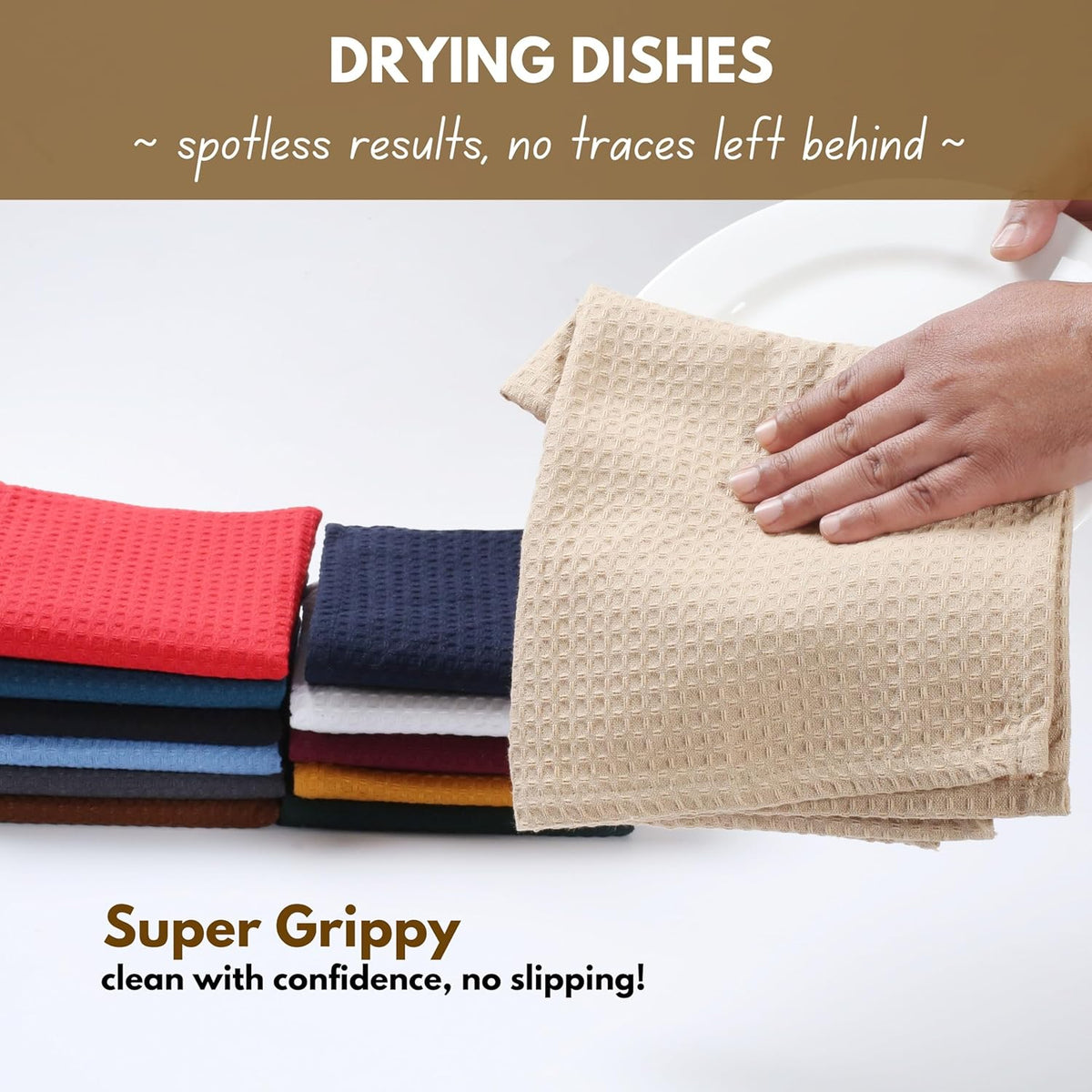Native Fab Cotton Kitchen Towel with Hanging Loop 16x26 inches, 6-Pack, Waffle Weave Kitchen Towels for Cleaning Drying, Washcloths Soft & Absorbent Cloth Rags, Bar Towel, Dish Cloth, Beige