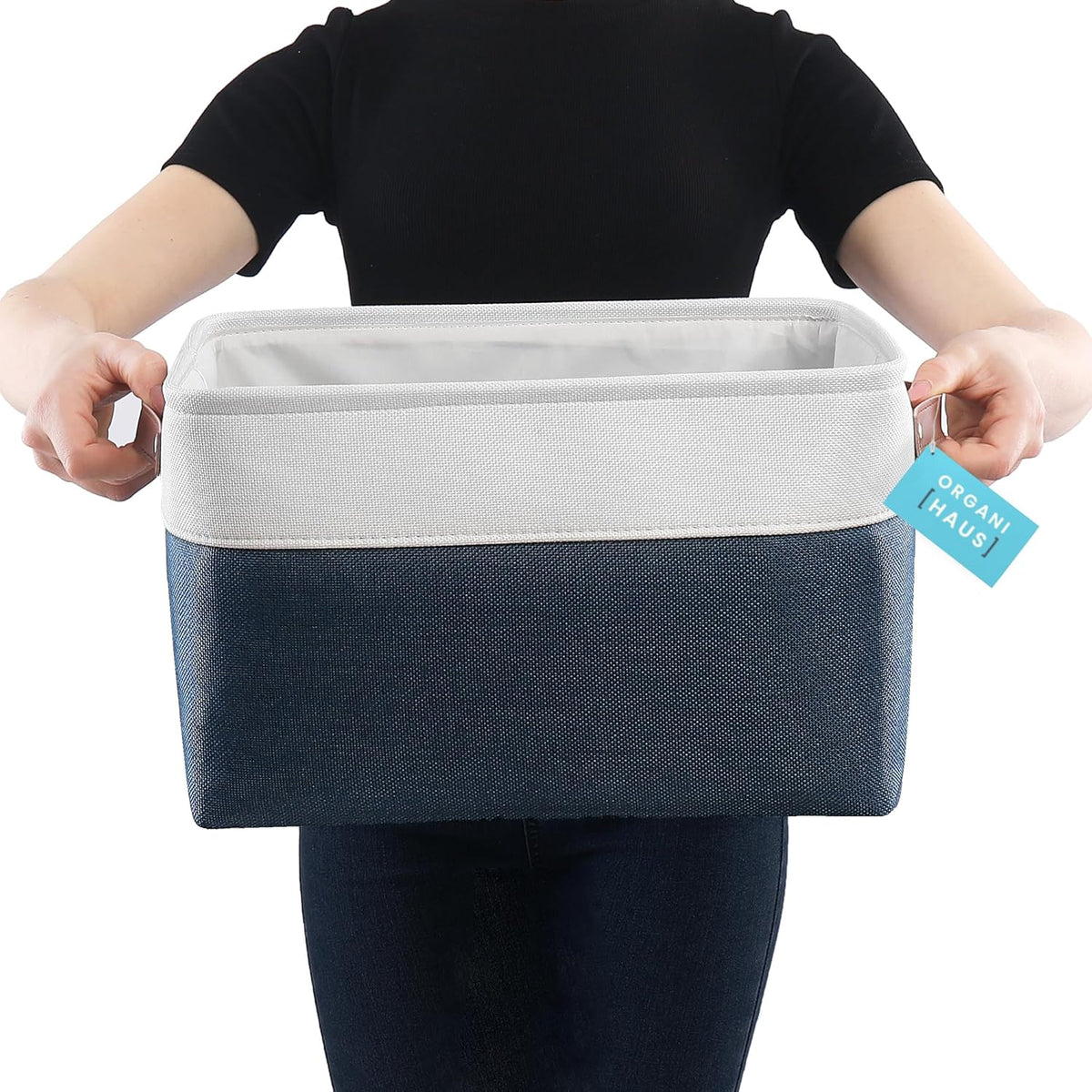 OrganiHaus Large Fabric Storage Bins for Shelves 3 Pack, 15x11in Closet Storage Bins for Shelves, Cloth Baskets & Closet Organizers, Fabric Basket, Navy Blue/White