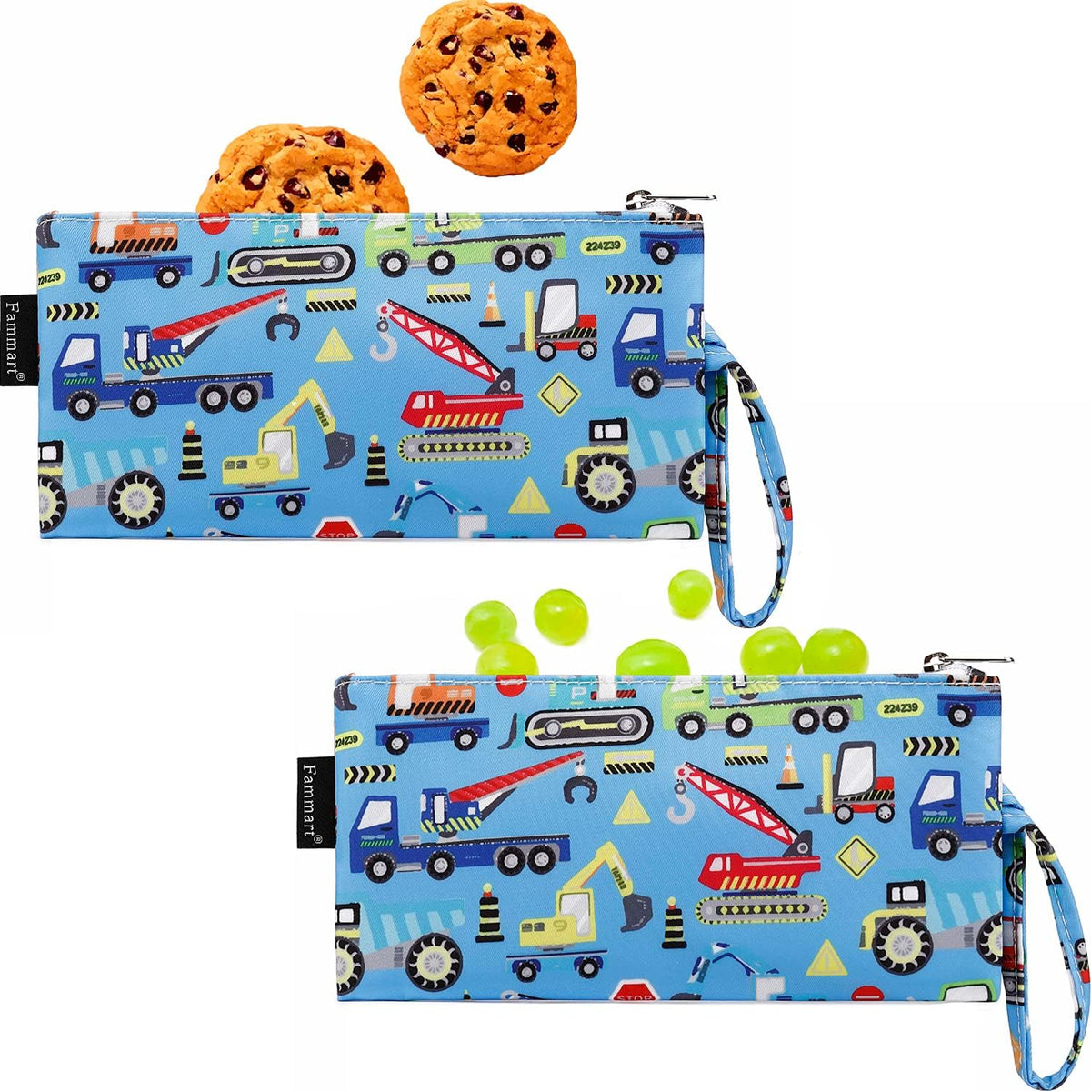 Reusable Sandwich Bag/Snack Bag for Kids & Adults, Dual Layer Lunch Bag with Handle, Washable, Food Safe, BPA Free (2-Pack, Car)