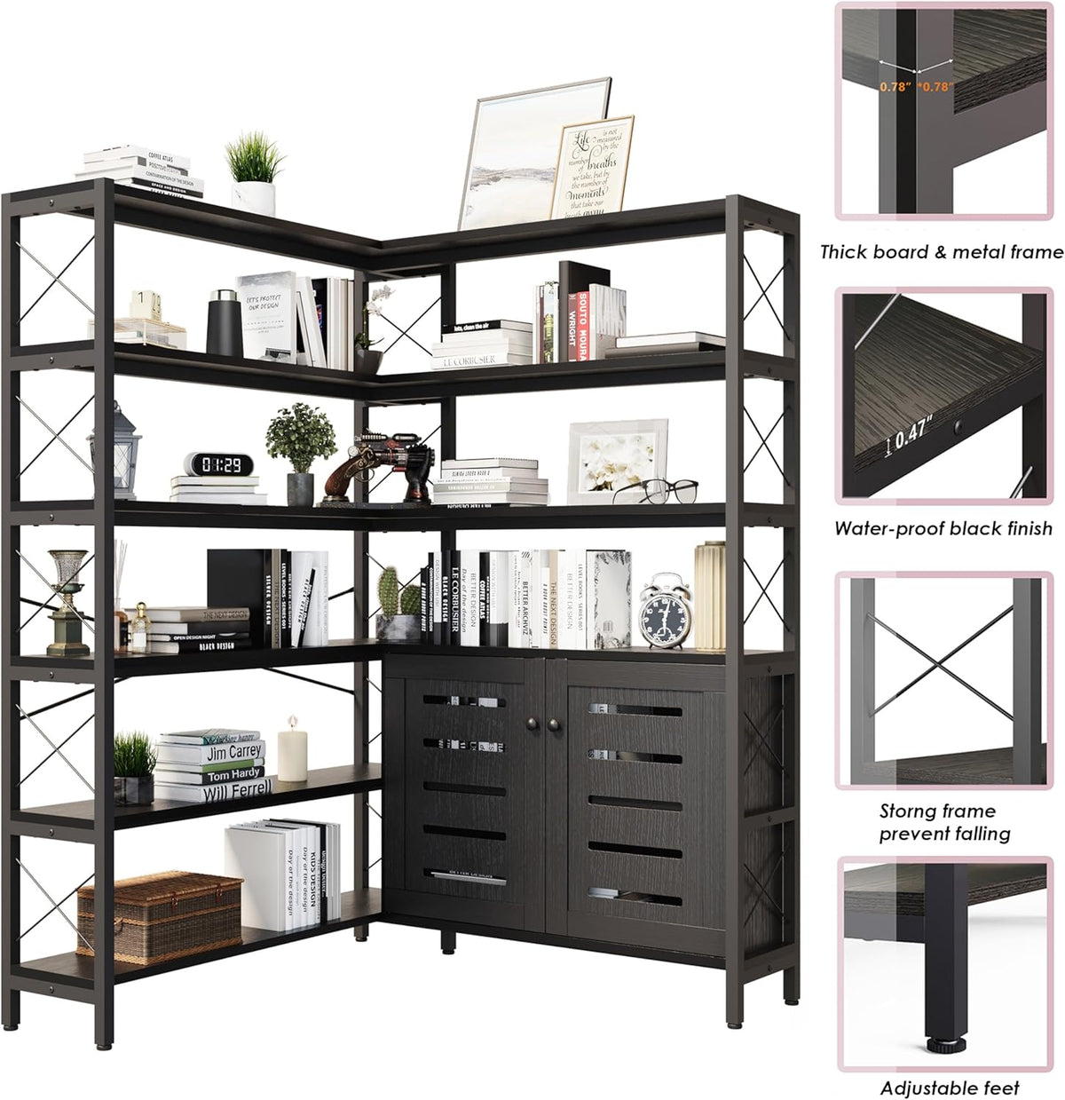 6-Shelf Corner Bookshelf, Vintage Industrial Corner Shelf Etagere Bookcase, Large Book Shelf with Metal Frame Open Storage Corner Cabinet (Black-Lockers, Large)