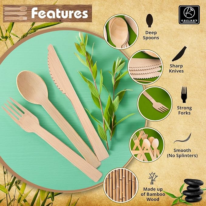 KOELHO'S Pre-Rolled Bamboo Cutlery Set 24-Pack 96 PCS | Bamboo Disposable Utensils 100% Biodegradable and Eco-Friendly | Wooden Utensils Disposable for Parties, Weddings, and Events