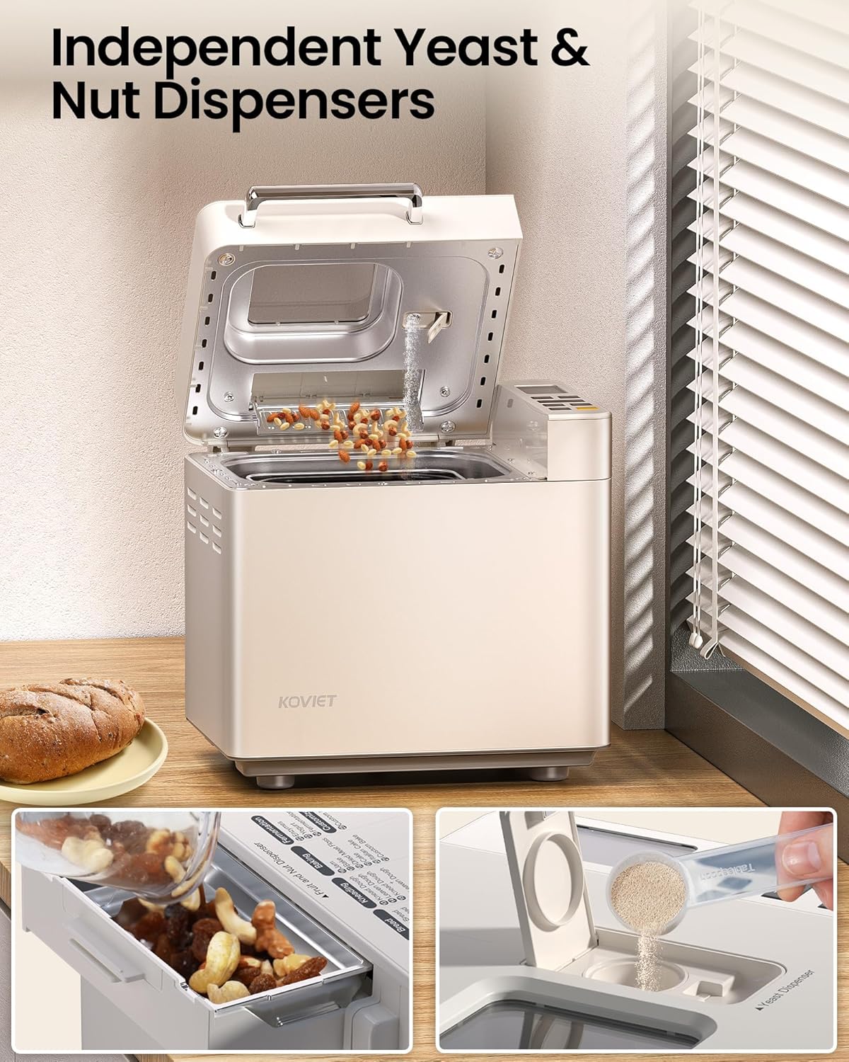 25-in-1 Bread Maker Machine with Automatic Dual Dispenser, 2LB Stainless Steel Breadmaker with Gluten-Free, Dough, Jam, Yogurt etc Settings, Beige