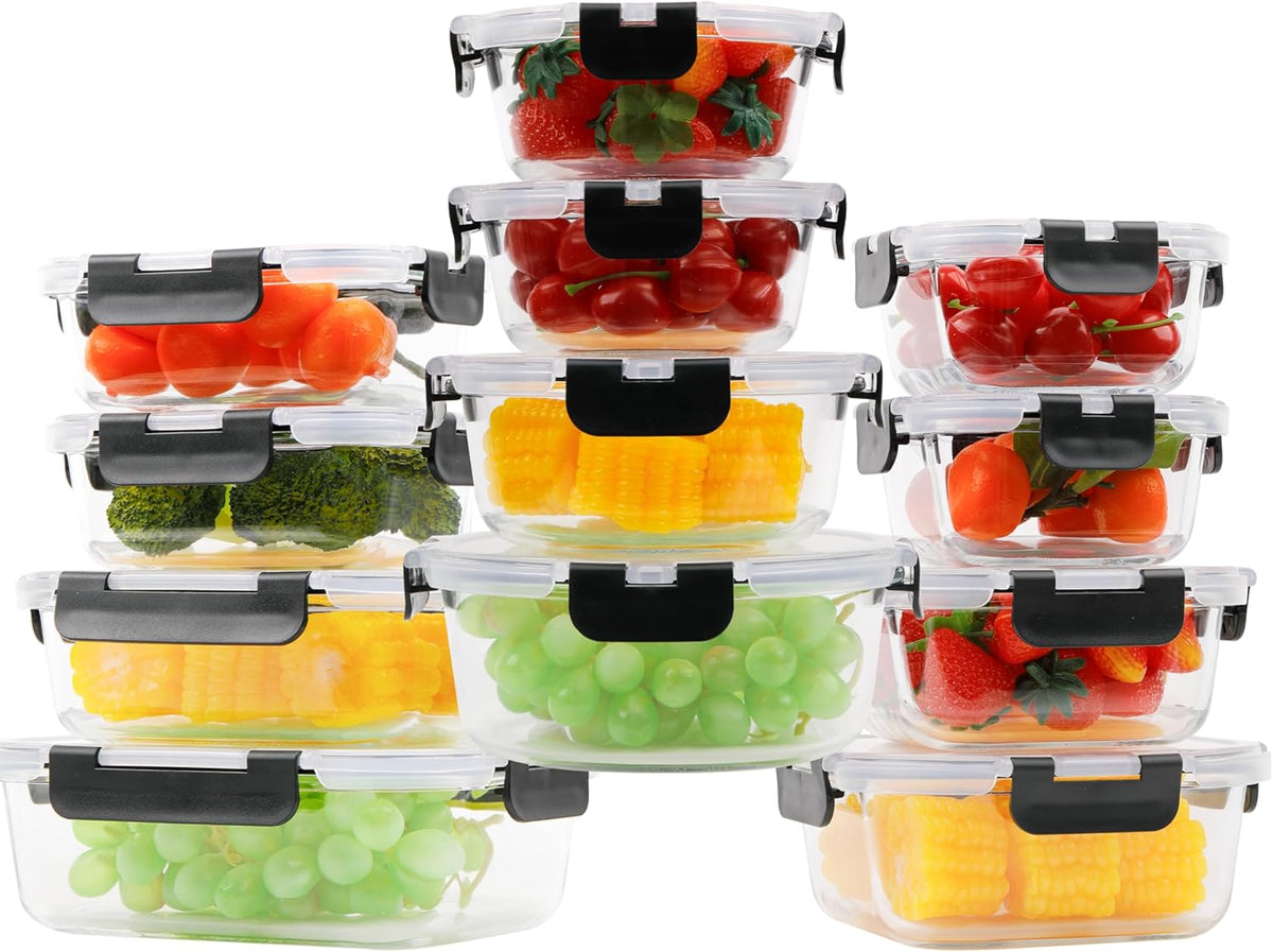 kakw12 Packs Glass Food Storage Containers,Glass Meal Prep Container for Lunch,can be used in the Microwave, Oven, Freezer and Dishwasher,with Upgraded Snap Locking Lids. (12 Packs)