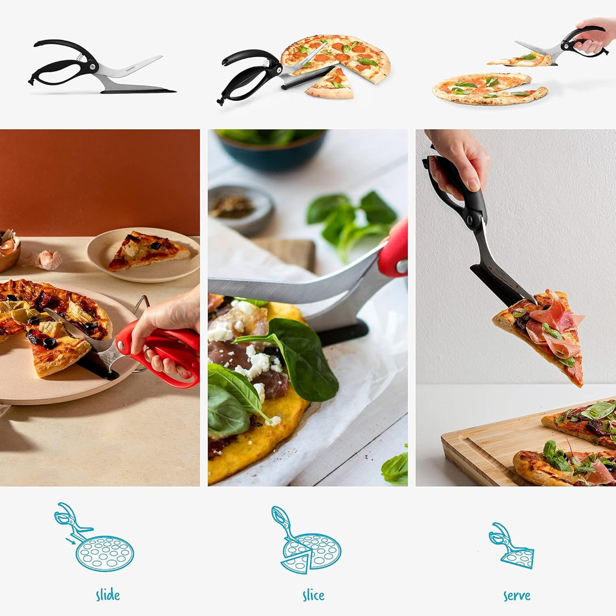 Dreamfarm Scizza 2-In-1 Easy Ergonomic Pizza Scissors with Stainless Steel Pizza Cutter Blades & Non-Stick Slice Server - Black