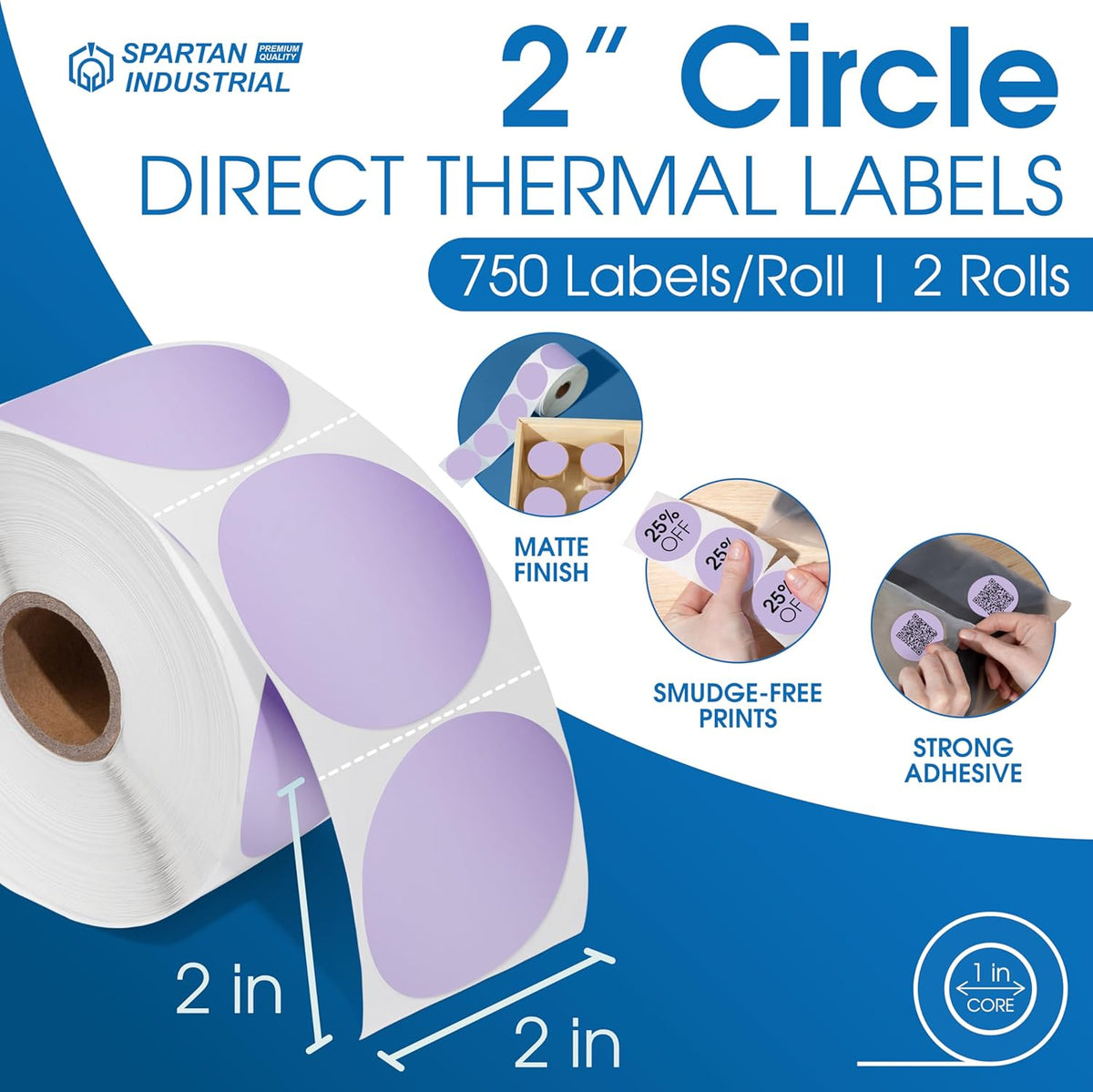 Spartan Industrial - 2" Direct Thermal Labels - Purple Circle Label Stickers for Business Logos, QR Codes, Color Coding, and More (2 Rolls, 750/Roll)