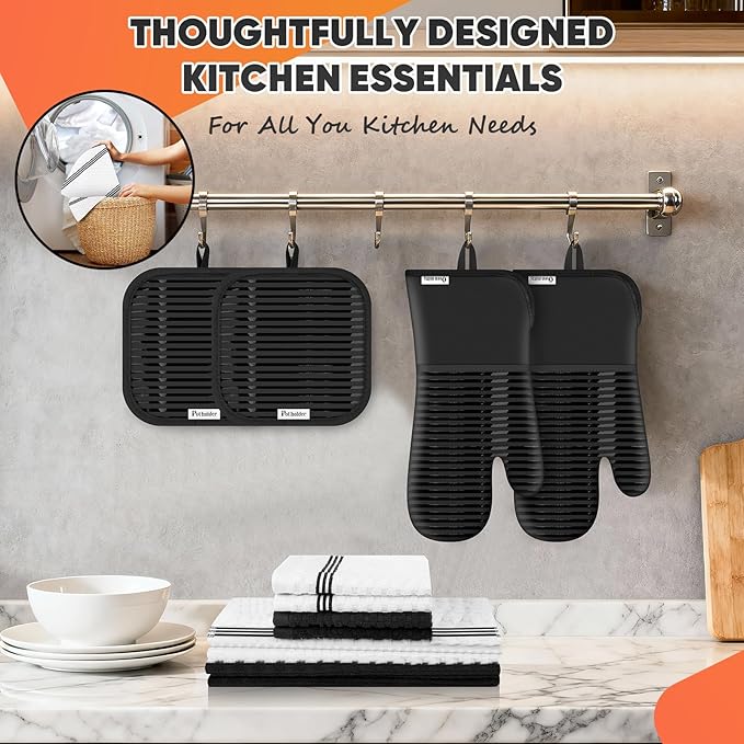 Oven Mitts Kitchen Towels and Dishcloths with Pot Holders Sets, Oven Gloves Hot Pads 500°F Heat Resistant with Silicone Grip, Include 2 Cooking Gloves/2 Potholders/4 Kitchen Towels/4 Dish Towels