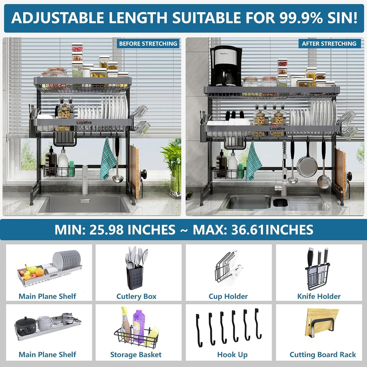 Over Sink Dish Drying Rack, 3 Tier Adjustable Length (20.87'' to 37.6'') Stainless Steel Large Storage Kitchen Dish Rack, Expandable Drainer Shelf Rack with Multifunctional Organizers