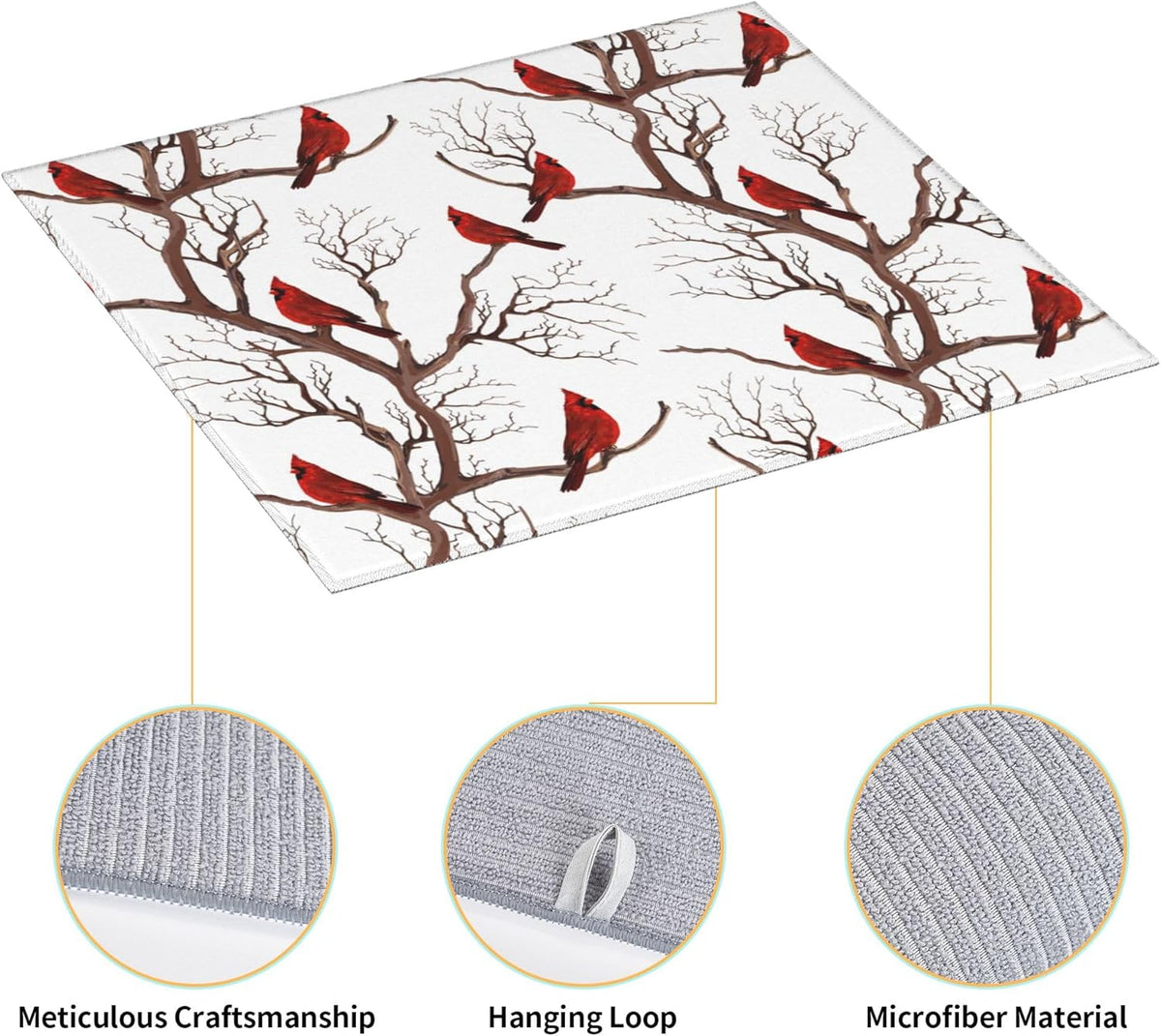 Winter Cardinal Birds Dish Drying Mat for Kitchen Counter Washable Absorbent Drying Mat Reversible Microfiber Drying Pad Home Holiday Decor Kitchen Accessories 16"x18"