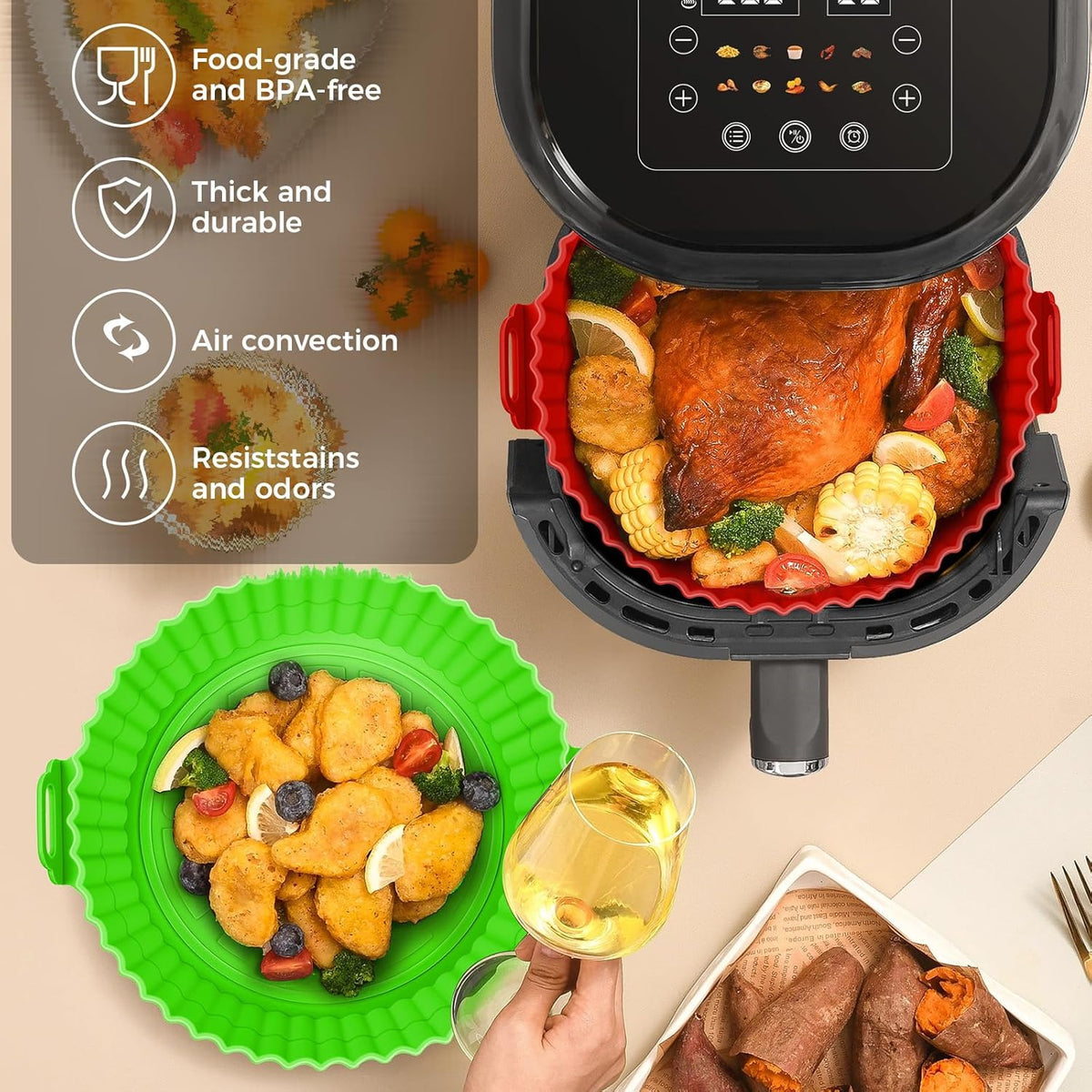 Buauty 3 Pack Air Fryer Silicone Liners 8inch Air Fryer Silicone Pot Reusable Food Grade Silicone Airfryer Liners Baking Basket Accessories Replacement of Flammable Disposable Parchment Paper