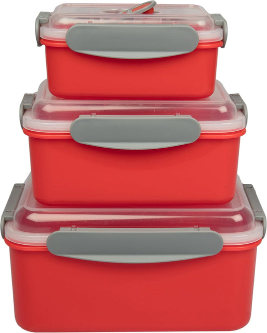 Microwave Food Storage Containers- Set of 3 Nesting Microwave Cookware Meal Prep Containers w Locking Steam Vent Lids- BPA Free, Fridge and Freezer Safe