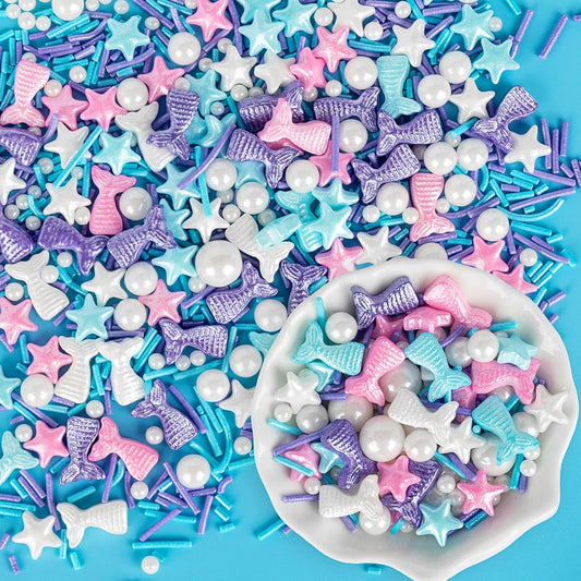 Mermaid Sprinkles,Edible Sugar Pearl Stars Jimmies Mix 130g/4.58oz,Pearl Candy Ocean Sprinkles,Summer Baking Cake Fun Decorations,Perfect for Baking,Ice Cream,Cookies,Dessert,Cupcake Topper,Birthday Children's Day Party Supplies ﻿