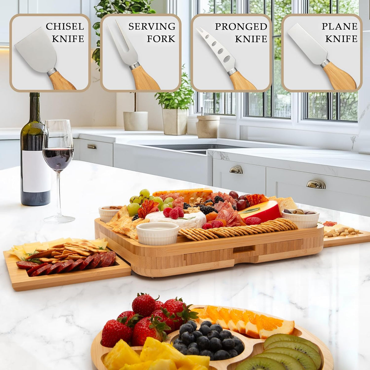 Zulay Kitchen Deluxe Bamboo Cheese Board Set - Extra Thick Bamboo Charcuterie Board Set with 4 Piece Knife Set - Wooden Cheese Board is Perfect for Charcuterie, Wine and Cheese - Luxe