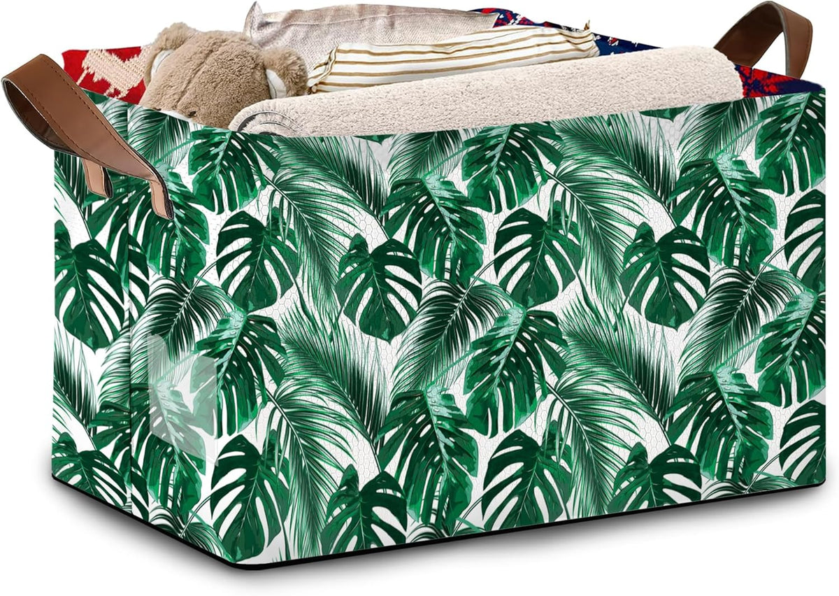 Foldable Collapsible Storage Bin with Palm & Banana Leaf Design-17x11.5x10.5 Inch Organizer Basket for Home, Nursery, Closet-Single Pack, No Lid Space-Saving Storage Box