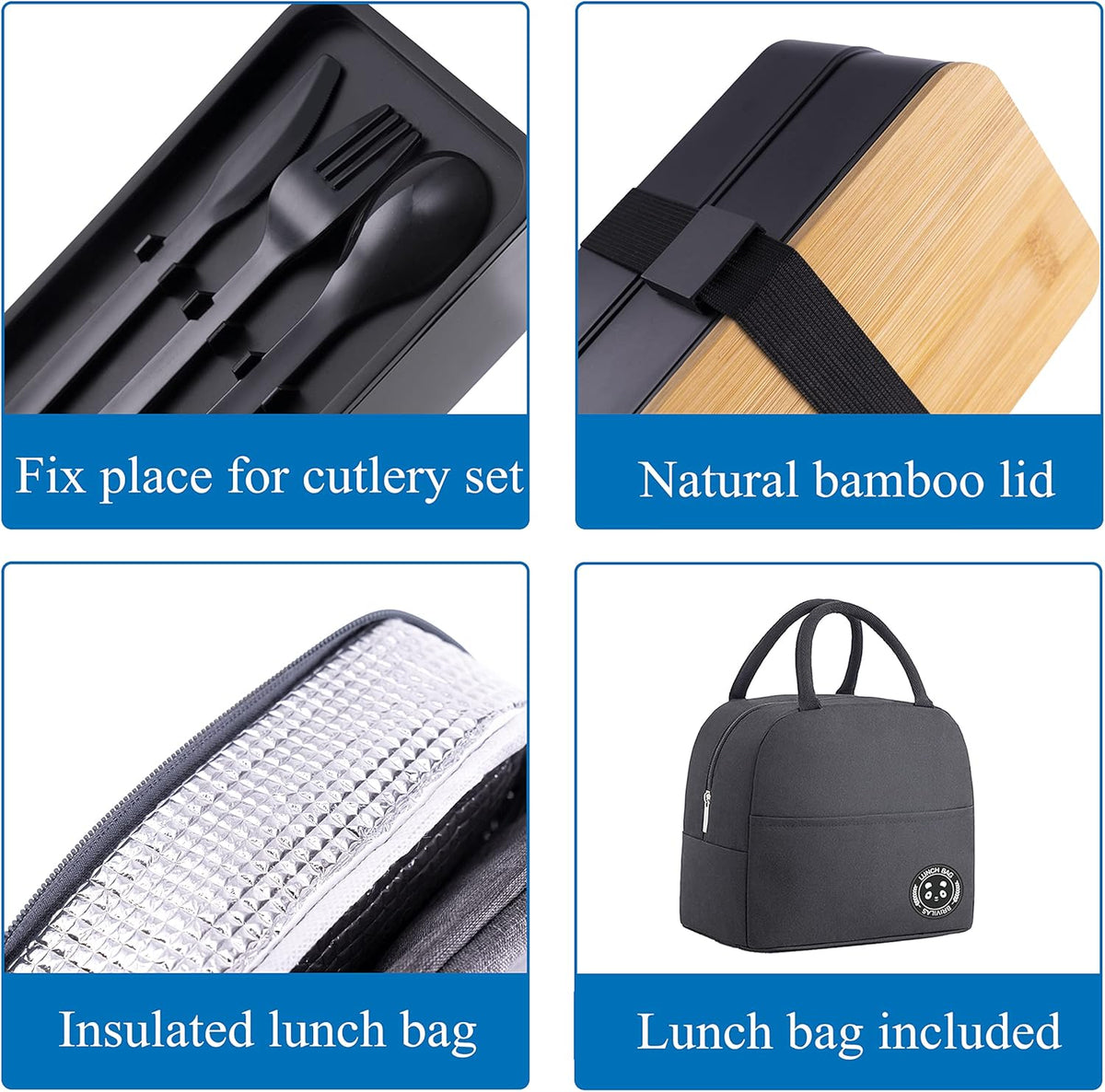Japanese Bamboo Bento Box with Compartments and Utensils Stackable Lunch Box Includes Lunch Bag for Meal Prep Black