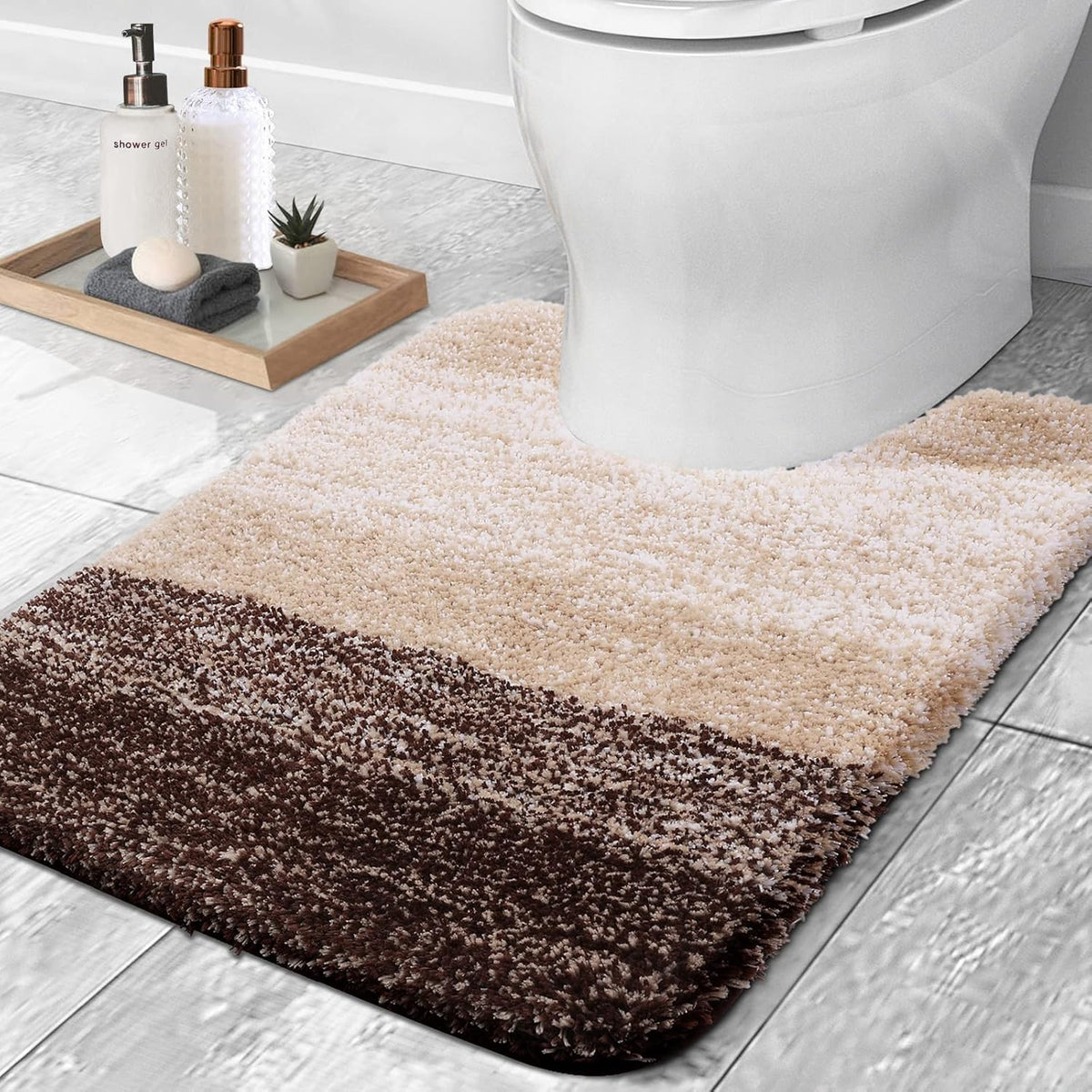 OLANLY Luxury Toilet Rugs U-Shaped 24x20, Extra Soft and Absorbent Microfiber Bathroom Rugs, Non-Slip Plush Shaggy Bath Mat, Machine Wash Dry, Contour Bathroom Mats for Toilet Base, Brown