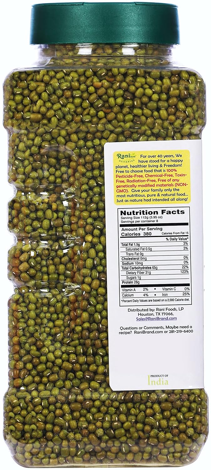 Rani Organic Moong Whole (Whole Mung Beans with Skin) Indian Lentils 32oz (2lbs) 908g PET Jar ~ All Natural | Vegan | Gluten Friendly | NON-GMO | Indian Origin | USDA Certified Organic