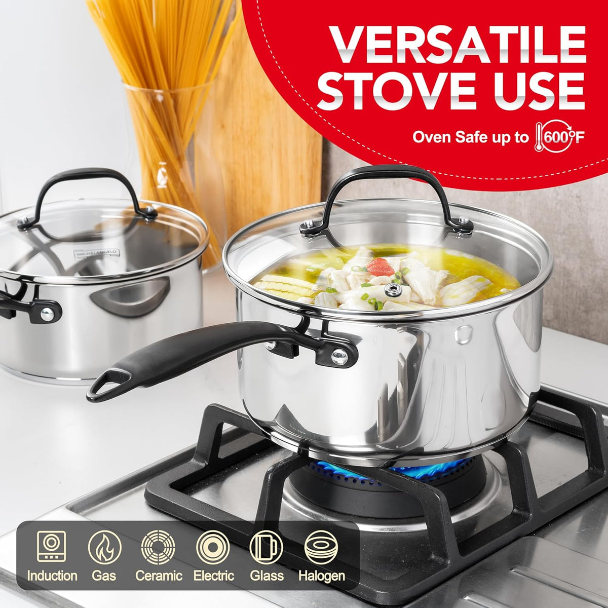 MICHELANGELO Tri-Ply Stainless Steel Saucepan with Lid 6 Pcs, Stainless Steel Sauce Pans with Cool Handle, 6 Pcs Multipurpose Sauce Pots Set for Kitchen Cooking, Induction Compatible, 1QT & 2QT &3QT