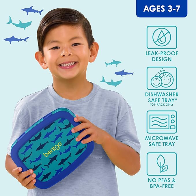 Bentgo Kids Prints Leak-Proof, 5-Compartment Bento-Style Kids Lunch Box - Ideal Portion Sizes for Ages 3-7, Durable, Drop-Proof, Dishwasher Safe, & PFAS & BPA-Free Materials (Sharks)