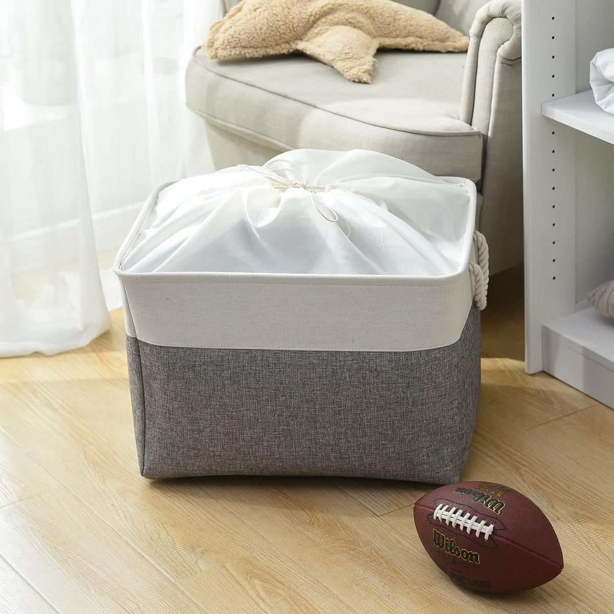 TheWarmHome Storage Bins Baskets for Organizing, 20.5L×15.7W×13.8H 3 Pack Sturdy Fabric Storage Basket W/Handles, Decorative Foldable Storage Baskets for Shelves Closet Nursery Toy (White & Grey)