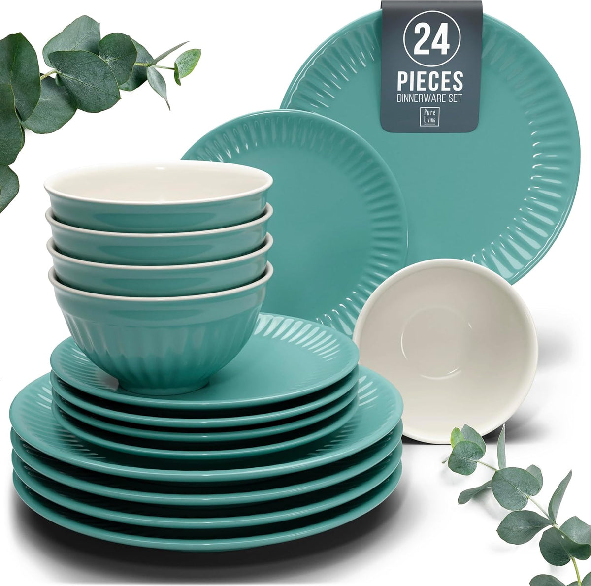 Stoneware Dinnerware Set for 8 People HYGGE 24-Piece - Elegant Scandi Design - Premium Dish Set - Bowl and Plate Set - Tableware for 8 People in a Ribbed Design - Pure Living in Green