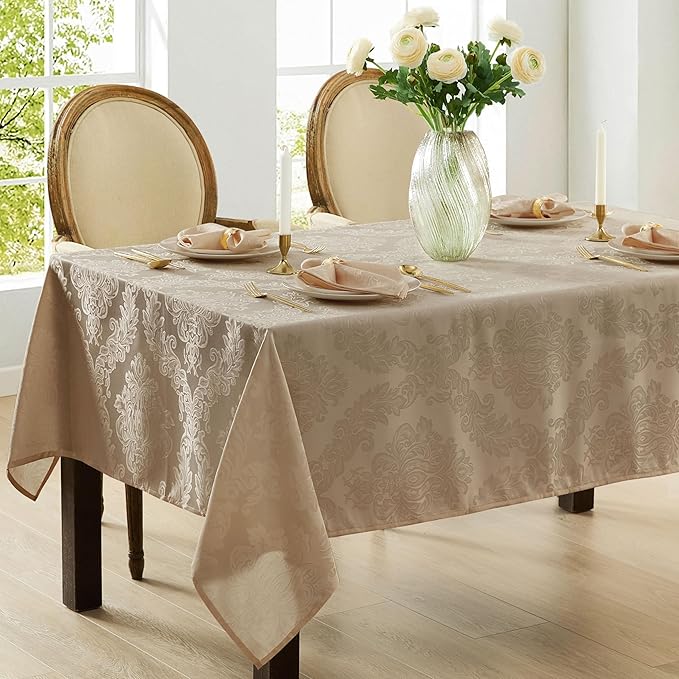 Newbridge Barcelona Luxury Damask Fabric Tablecloth, 60” Wide x 102” Rectangle, Golden Beige, 100% Polyester, No Iron, Soil Resistant Dining Room, Party and Banquet Table Cover