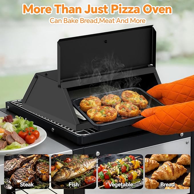 Pizza Oven for Grill, Grill Top Pizza Oven Kit with 12-inch Pizza Stone, Foldable Pizza Peel and Built-in Thermometer, Portable Outdoor Pizza Oven for Gas and Charcoal Grills