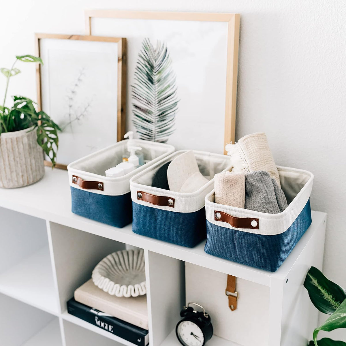 OrganiHaus Small Fabric Storage Baskets for Shelves 6 Pack, 12x8in Closet Storage Bins for Shelves, Cloth Baskets for Organizing, Linen Closet Organizers, Fabric Basket, Navy Blue/White