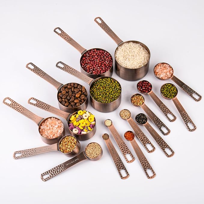 Copper Measuring Cups and Spoons Set 19 for Kitchen and Baking, Dry & Liquid, Metal Metric&US Measuring Cups and Spoons Set for Dry and Liquid