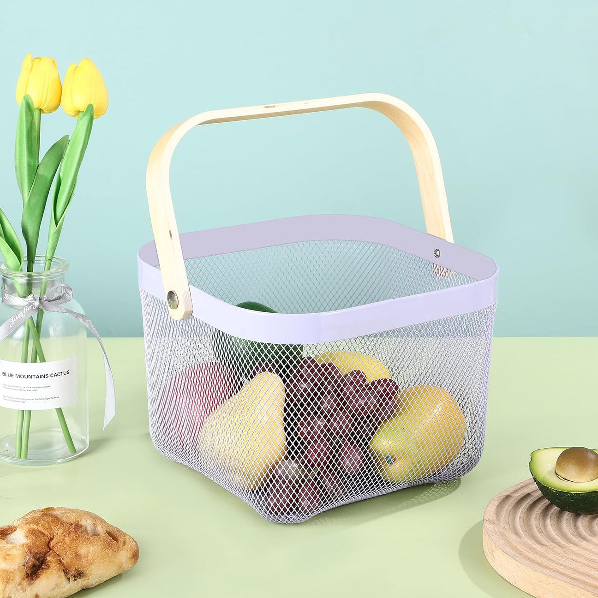 Metal Mesh Steel Basket, Storage Organizer Basket Multi-functional Hanging Kitchen Baskets Fruit Basket Bin with Bamboo Handle for Kitchen Bathroom Picnic Shopping Decor Cabinet Home, Purple