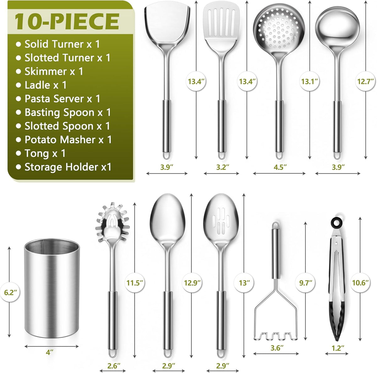 E-far Cooking Utensils Set, 10-Piece Stainless Steel Kitchen Utensils with Holder, Metal Heat Resistant Kitchen Cookware Tool Spatula Set for Cooking, Easy Clean & Dishwasher Safe