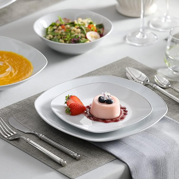 MALACASA Dinnerware Sets, 24 Piece Porcelain Square Dishes, White with Silver Rim Plates and Bowls Sets, Ceramic Dish Set for 6, Chip Resistant Dishware Sets, Series ELISA