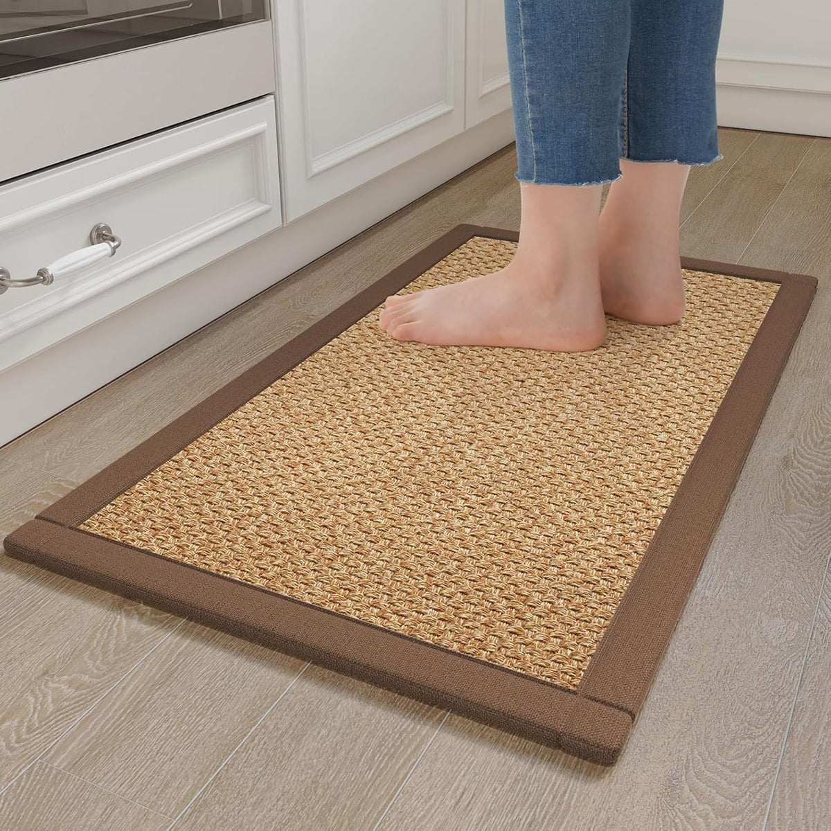 Anti Fatigue Kitchen Mats for Floor, Soft Cushioned Super Absorbent Kitchen Rugs Non Slip Washable, Jute-Like Woven Kitchen Sink Mat Standing Mat for Laundry Office, Easy Care, Brown 17"x30"