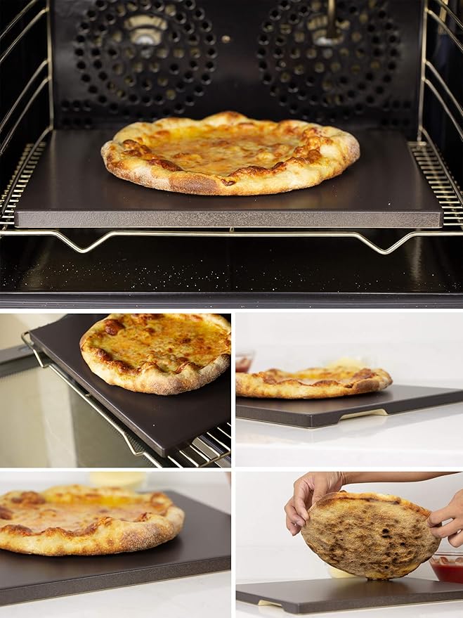 Pizza Stone, Ceramic Coating 15"x12" Rectangular Pizza Stone for Oven Grill BBQ, Easy Clean Bread Baking Stone with Unique Built-in 4 Handle