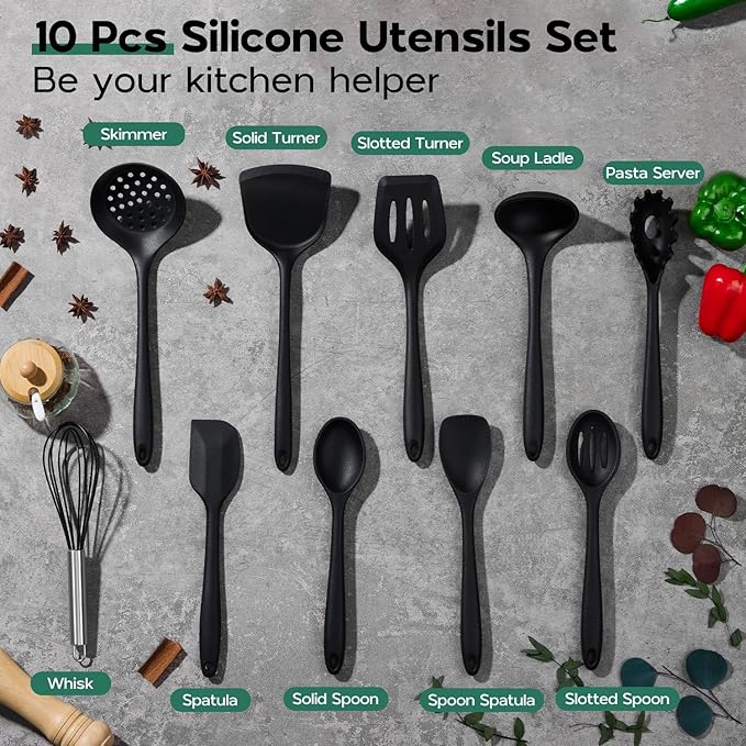 Onader Silicone Cooking Utensils Set, 10 Pieces Black Kitchen Utensils for Nonstick Cookware, Non Toxic & Dishwasher Safe
