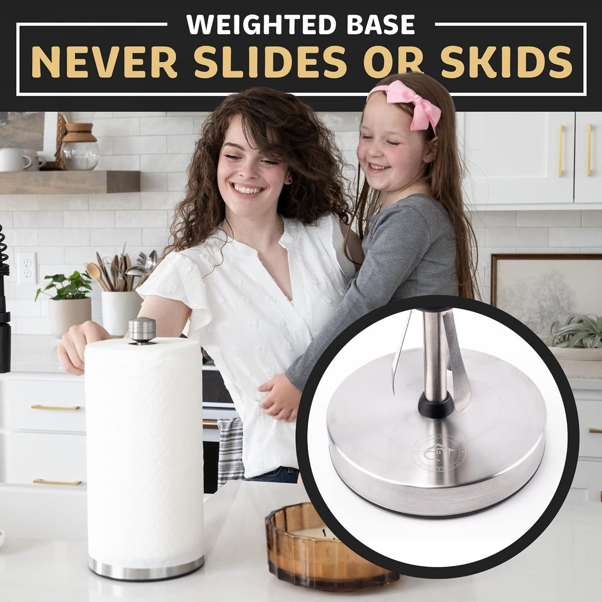 Stainless Steel Paper Towel Holder Designed for Easy One-Handed Operation - This Sturdy Weighted Paper Towel Dispenser Countertop Model Has Suction Cups and Holds All Paper Towel Rolls
