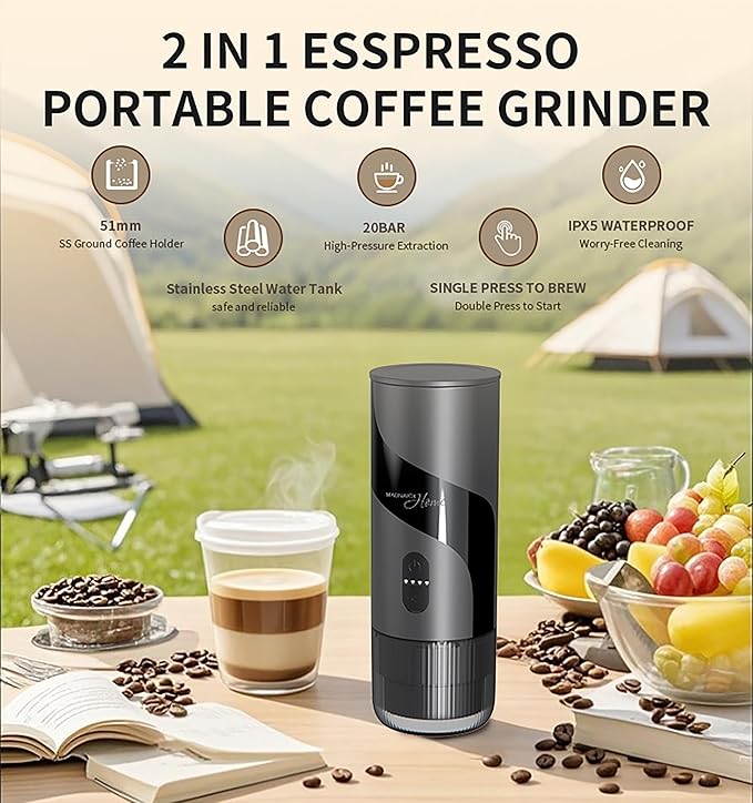 Magnavox HOME Portable Espresso Coffee Maker (Grounds or Pods) with Fast Brew Technology & Single Touch Control, Ideal for Offices or Travel
