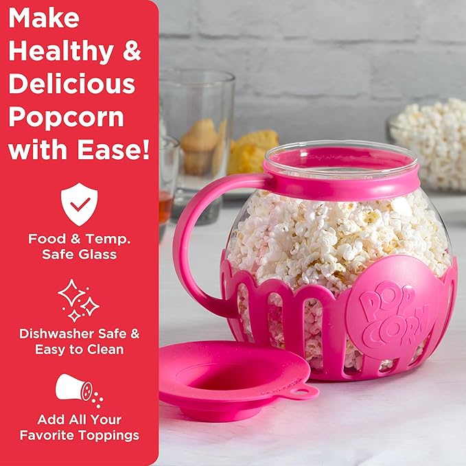 Ecolution Patented Micro-Pop Microwave Popcorn Popper with Temperature Safe Glass, 3-in-1 Lid Measures Kernels and Melts Butter, Made Without BPA, Dishwasher Safe, 3-Quart, Hot Pink