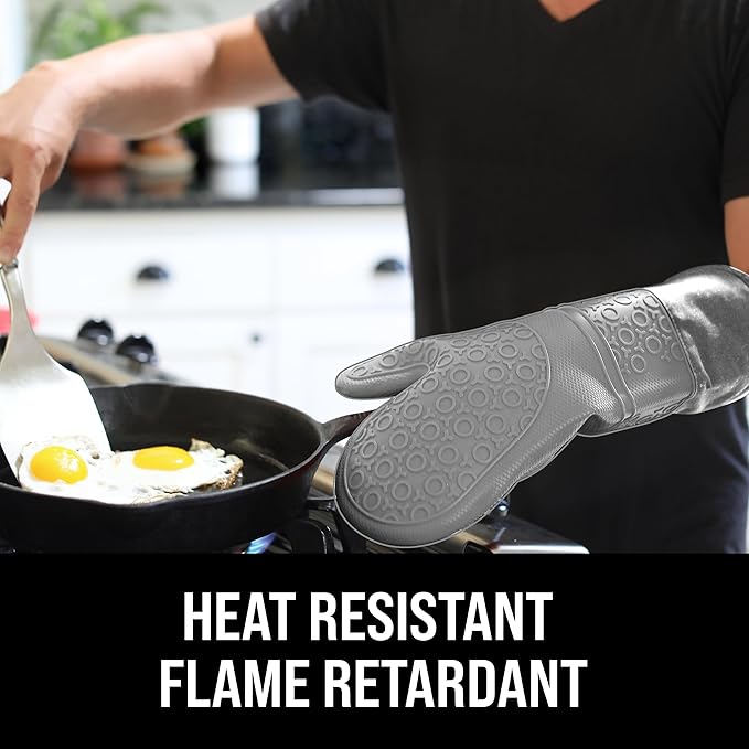 BPA-Free Soft Silicone Oven Mitts - Ultra Heat Resistant Oven Mitts with Thick Cotton Liner - Extra Long Slip Resistant Pot Holders, Flexible Oven Gloves - Gray 14.7"