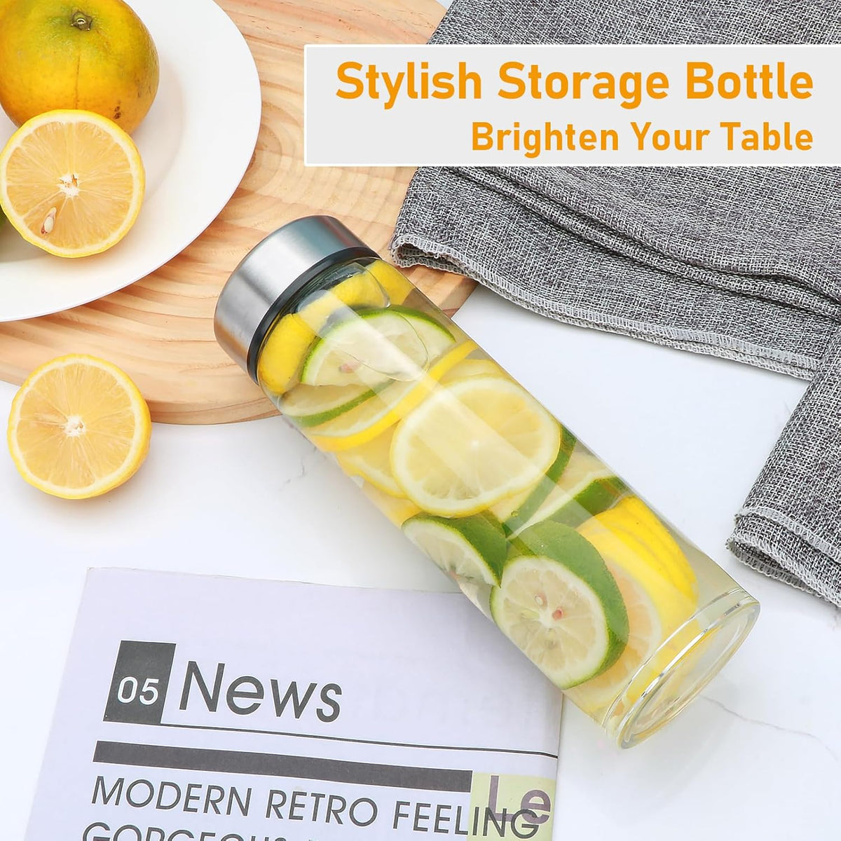 16oz Juice Bottles with Lids,4 Pack Wide Mouth Glass Bottles with Stainless Steel Cap,Reusable Glass Water Bottles for Juicing, Smoothies, Infused Water,Beverage Storage,BPA Free,Leakproof