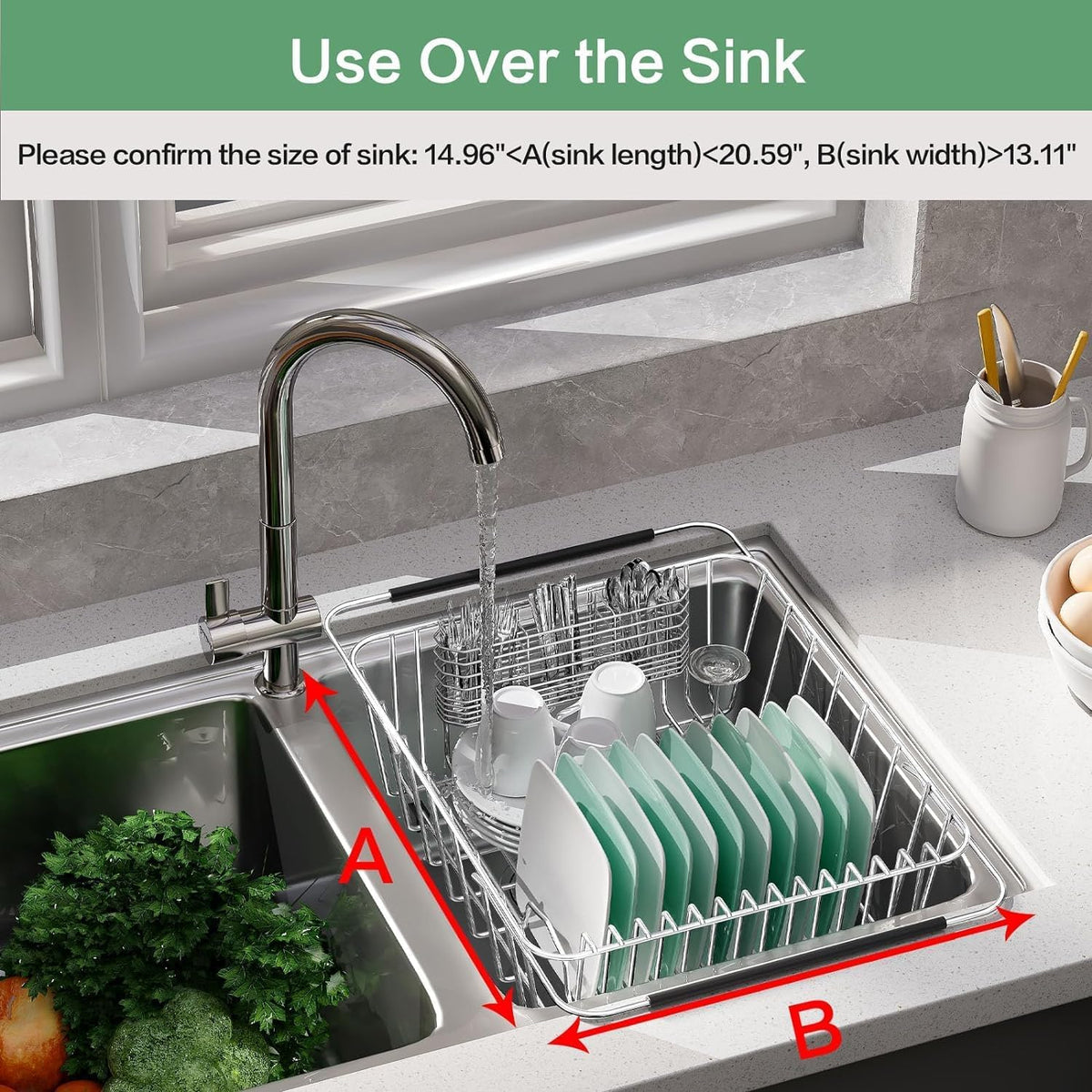 Large Sink Dish Drying Rack, Expandable 304 Stainless Steel Metal Dish Drainer Rack Organizer Shelves with Stainless Steel Utensil Holder Over Inside Sink, Rustproof