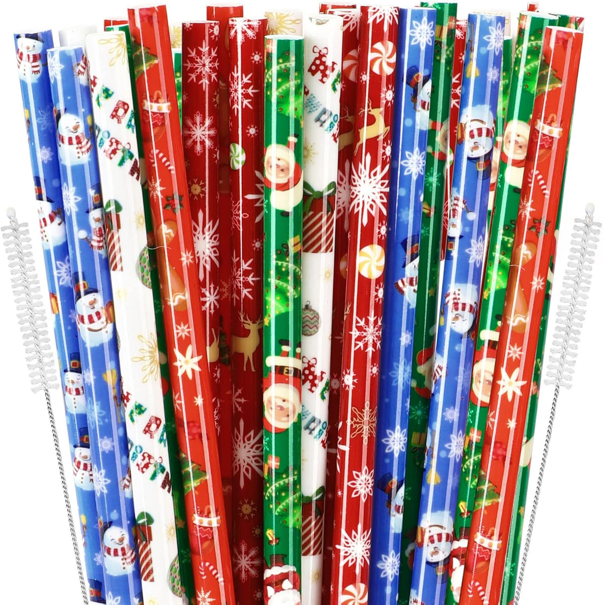 JANYUN 30 Pieces Christmas Drinking Straws BPA-Free 9inch Printing Hard Plastic Reusable Straws Xmas Balls Snowflake Elk Straw for Family Party Favors Supplies Cleaning Brush