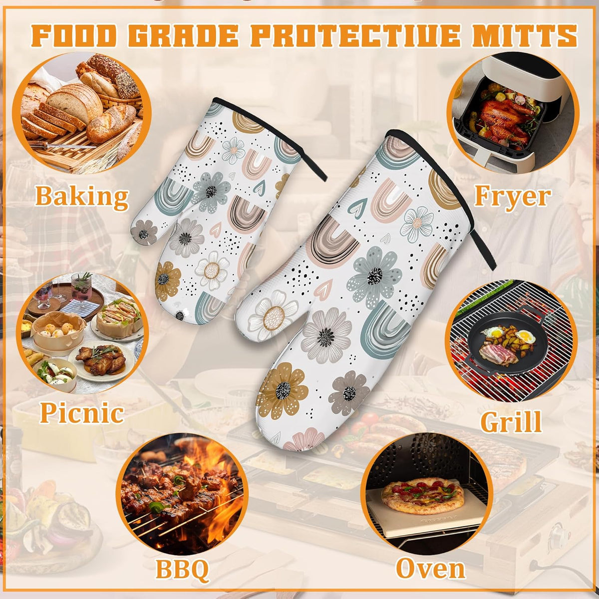 Cute Rainbows Oven Mitts and Pot Holders,Boho Floral Flowers Heat Resistant Oven Mitts Gloves and Pot Holder for Home Kitchen Decorations Cooking Baking BBQ Gifts,Set of 4