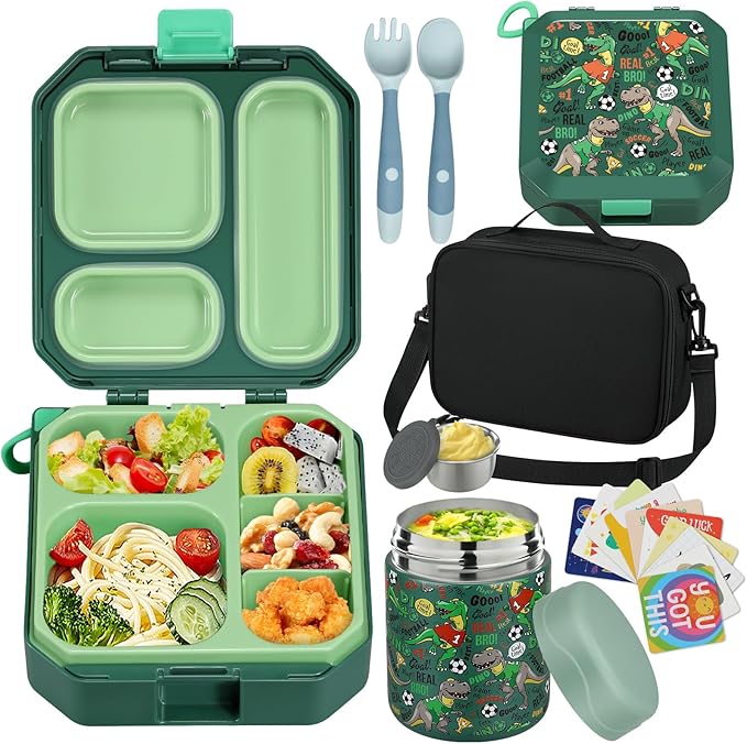 wiwens Bento Lunch Box for Kids with 12oz Soup Thermo Leak-Proof Lunch Food Container with 5 Compartment Thermo Hot Food Jar and Insulated Lunch Bag for Kid Toddler Girls Boys to School