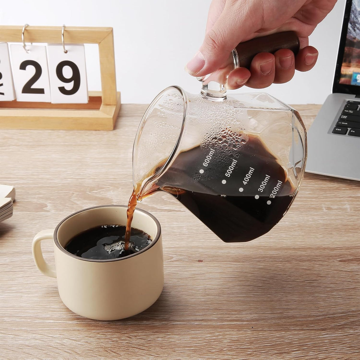 Pour Over Coffee Maker, 20 oz Borosilicate Glass Set with 100 pcs V60 Paper Filter, Coffee Dripper with Walnut Collar, Coffee Pot with Glass Lid, 1-3 Cups, Clear, (600 ml)