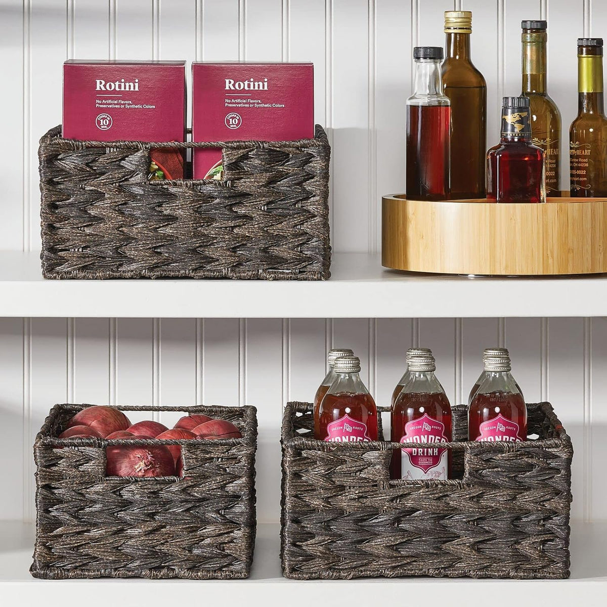mDesign Woven Farmhouse Kitchen Pantry Food Storage Organizer Basket Bin Box, Container Organization for Cabinets, Cupboards, Shelves, Counter - Store Potatoes, Onions, Fruit, 3 Pack, Espresso Brown